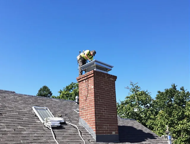 Manchester Chimney Sweep technician measuring a chimney cap in Manchester, CT